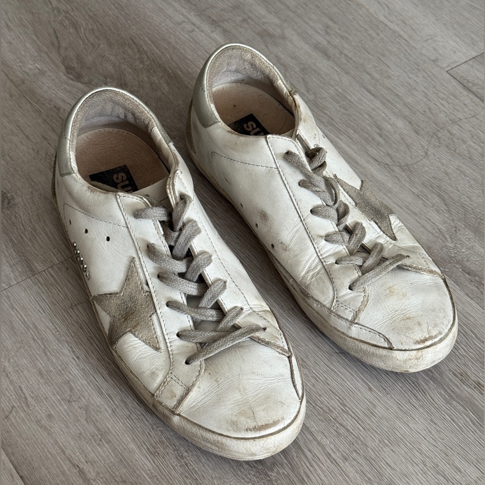 Golden Goose Distressed White and Gray Sneakers